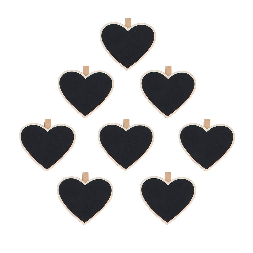 SOSW-8Pcs Heart-Shape Blackboard Wooden Pegs Photo/Note/Paper Clips