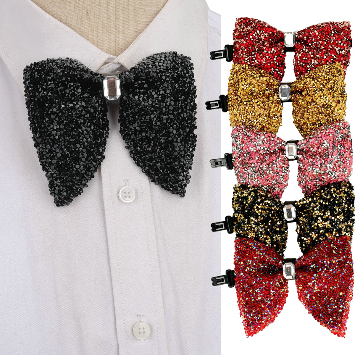 Nueva de lujo, pajarita grande con diamantes de imitación, pajarita grande negra dorada brillante para hombres, corbatas para de boda y negocios, accesorios de