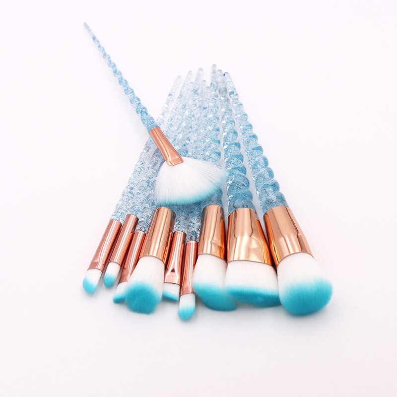 Kit de pinceaux de maquillage licorne bleu, fard à paupières, fond de teint, brosses à lèvres, cristal diamant, 10 pièces