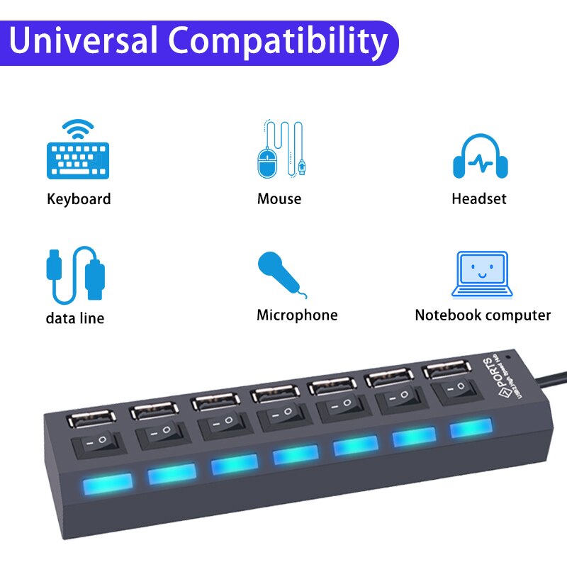 USB2.0 Hub USB Hub Multi USB Splitter Hub Multiple Expander USB Adapter USB Hub 7 Port 2.0 USB Hub USB Port with Switch for PC