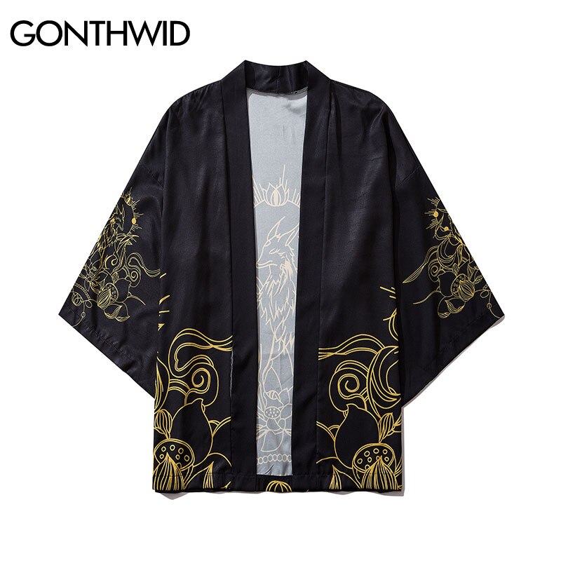 GONTHWID Lotus Bloemen Print Japanse Kimono Vest Jas Jassen Harajuku Hip Hop Casual Losse Tops Streetwear Shirts Jassen