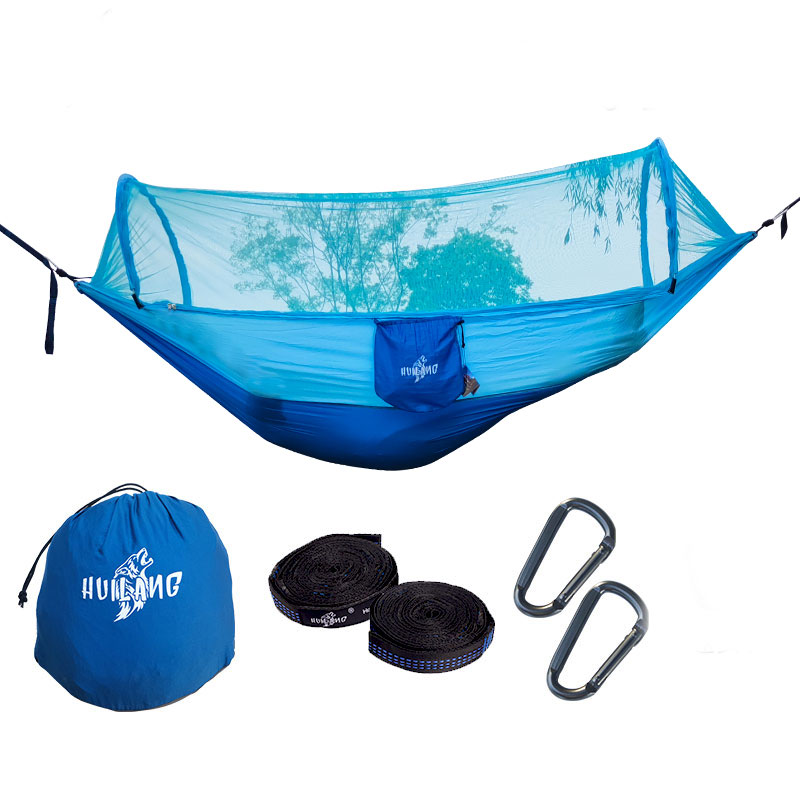 Automatic Quick-opening Mosquito Net Hammock Outdoor Camping Pole Hammock swing Anti-rollover Nylon Rocking Chair 270x140cm: Blue