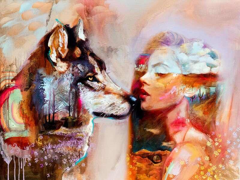 Azqsd olieverfschilderij op nummer wolf meisje diy kleurrijke verf handgemaakte oningelijste tekening op nummer dier huisdecoratie: Grootte 5390