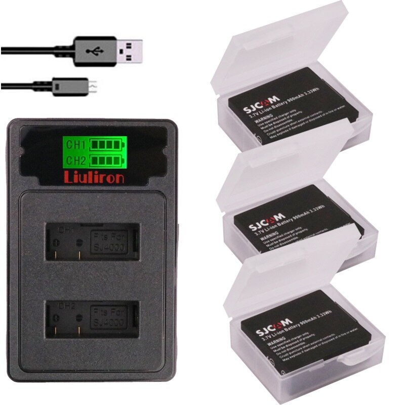 900mah SJCAM SJ4000 batería + cargador para SJCAM sj4000 sj 4000 SJ5000 6000, 7000 de 8000 sj9000 SJ cam M10 acción batería de cámara: charger and 3battery