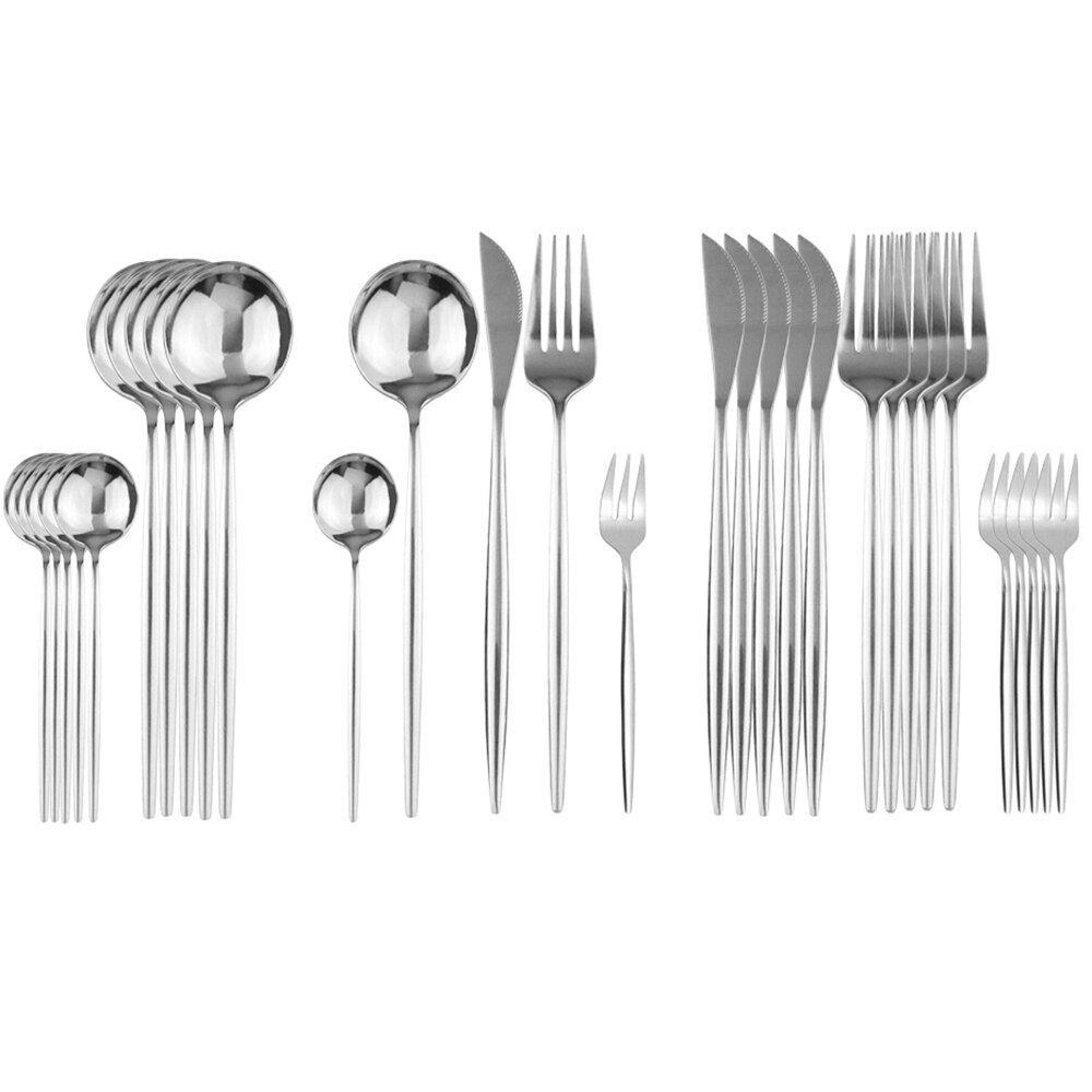 JANKNG – service de vaisselle noire, 30 pièces, fourchette à gâteau aux fruits, couteau en acier inoxydable, argenterie, couverts miroirs, service de table: Silver