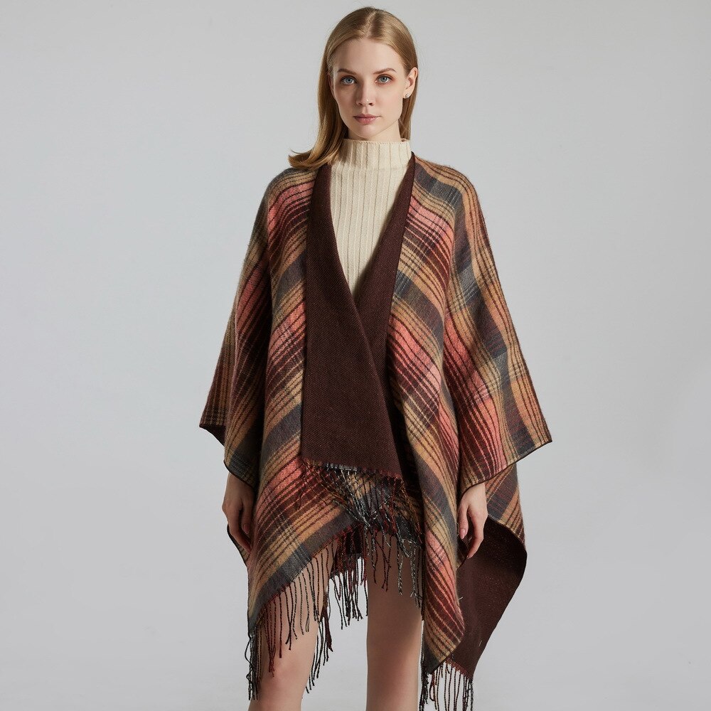 Schotse Klassieke Kleur Herfst Winter Plaid Cape Cape Met Kasjmier Kwastje En Warm Split Vrouwen Sjaal