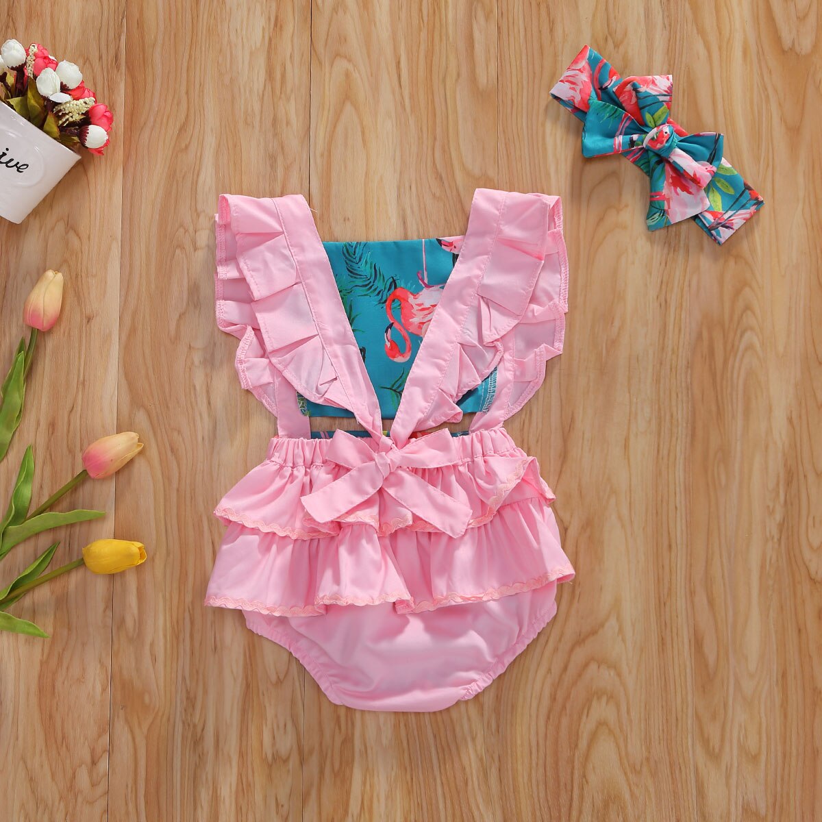 Verão infantil bebê meninas bodysuits bandana flores impressão babados manga curta macacões outfits