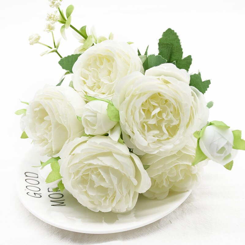 1 stk 5 gafler 9 blomster bryllup hjemmedekorasjon tilbehør kunstig peon bukett gjør det selv blomsterarrangement jul: 1