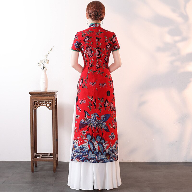 Senhora vintage impressão floral longo cheongsam tamanho grande 5xl cetim elegante ajuste e alargamento qipao vermelho vestido de noiva chinesa