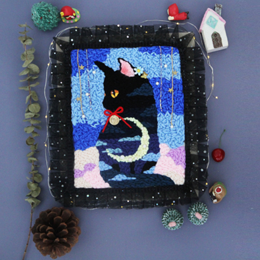 Bricolage tricot laine tapis Kit d'accrochage artisanat laine broderie cadre en bois piquer aiguille support lumière chaîne-chat forêt