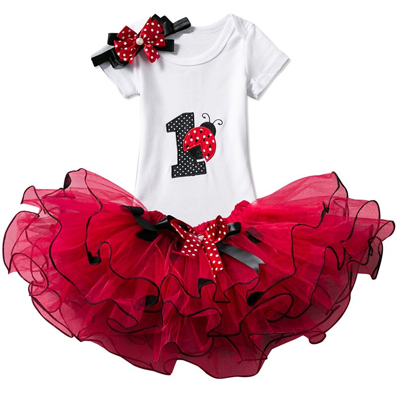 Sommer mariehøne print outfits 3 stk jakkesæt baby piger kjole 1 års fødselsdag tøj polkaprikker spædbørn pige tøj nyfødt kjole