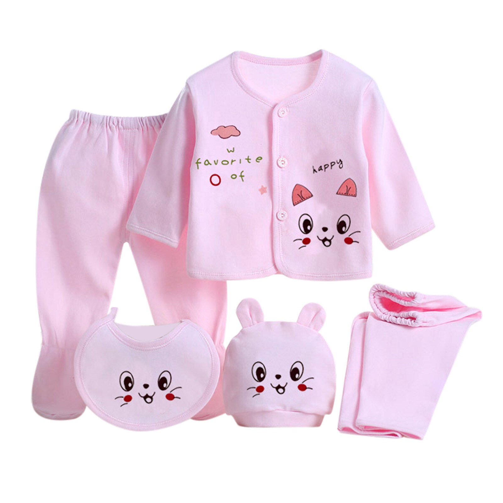 Pasgeboren Kleding 5 Stuks Nachtkleding Set Baby Jongens Meisjes Cartoon Lange Mouwen Tops + Hoed + Broek + Bib Outfits set: Pink