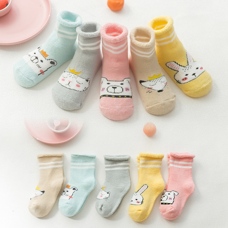 5 Paar Baby Sokken Pasgeboren Baby Jongen En Meisjes Comfort Katoenen Badstof Sokken Dikke Dier Cartoons Patroon: Roze / M 6-18M