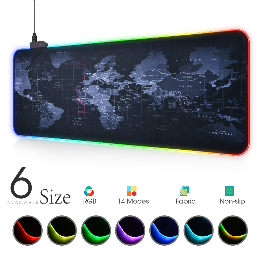 World Map Gaming MousePad Locking Edge Anti-slip Natural Rubber Mouse Pad LED Light Mousepad RGB Desk Mat for Warcraft Dota LOL