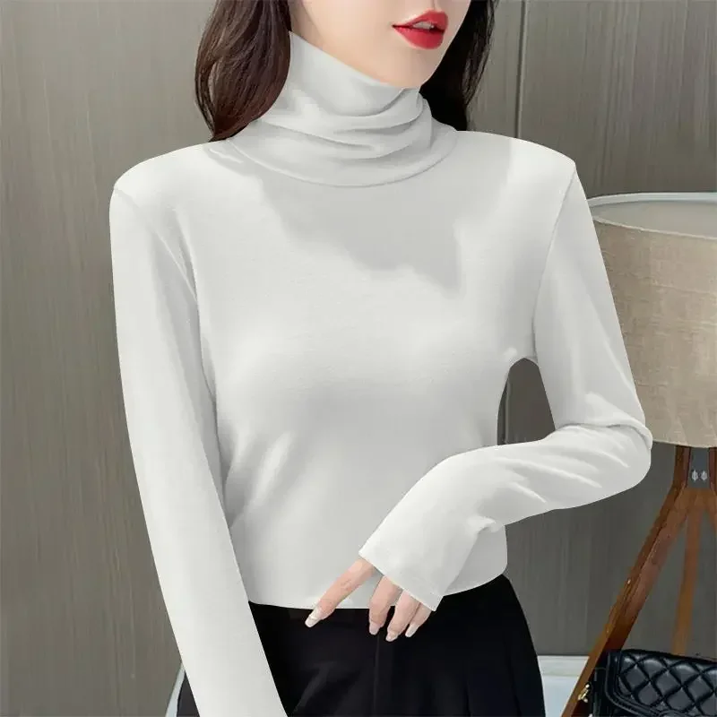 Roupa interior térmica feminina inverno engrossar gola alta camisa inferior de veludo quente topos semi gola alta pulôveres de manga longa