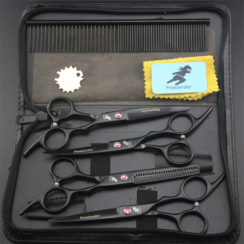 6.0 Inch Pet Scissors Dog Grooming kit Straight & Curved &Thinning Shear Pet Haircut Tools 5pcs Set: Black  F-605