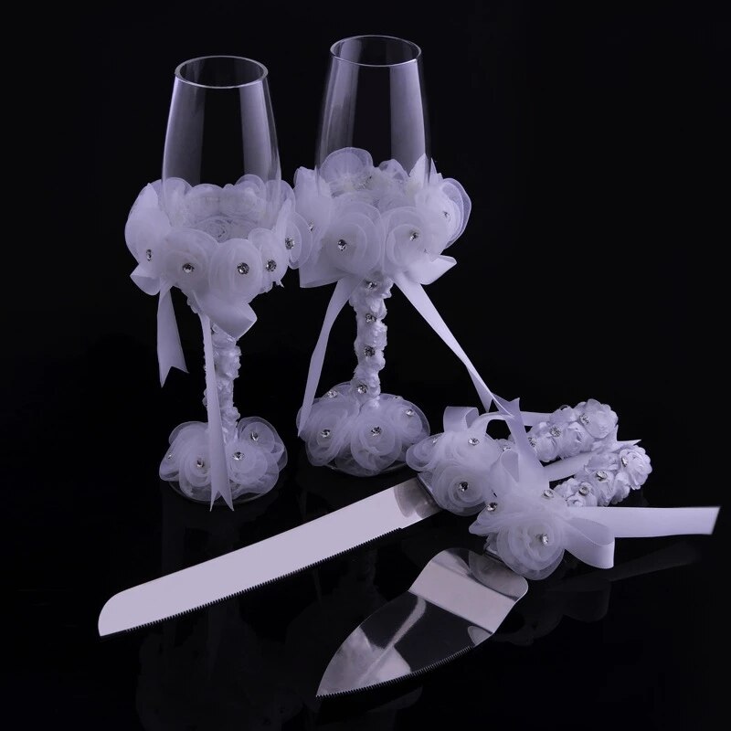 4 Pcs Wedding Supplies Cake Knife Pie Server Set and Champagne Glasses Engagement Anniversary Party Bride and Groom Show Decor: 1D