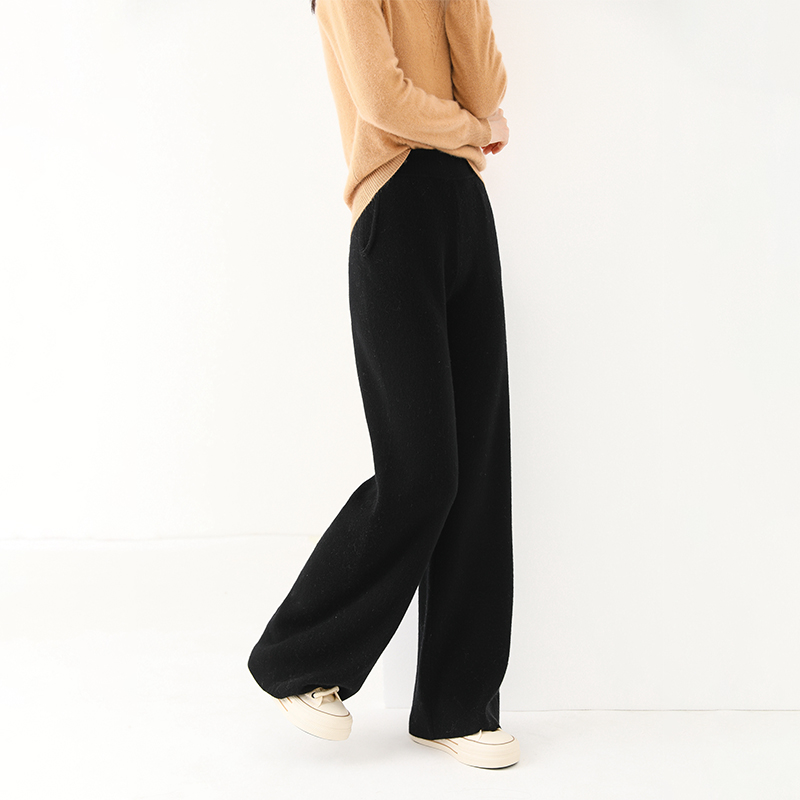 Women Pant 100% Merino Wool Knitting Wide Leg Pants Autumn Winter Solid Color Soft Warm Trousers for female YP01: M / black