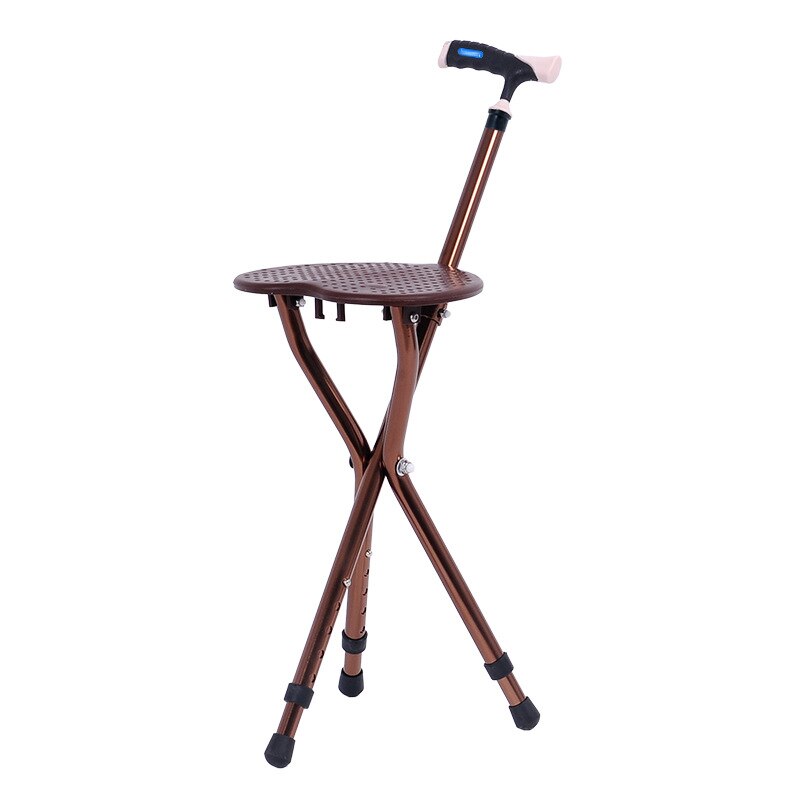 Silla plegable para ancianos, taburete de bastón multifuncional con masaje de tres patas, muleta antideslizante,: 09-Brown