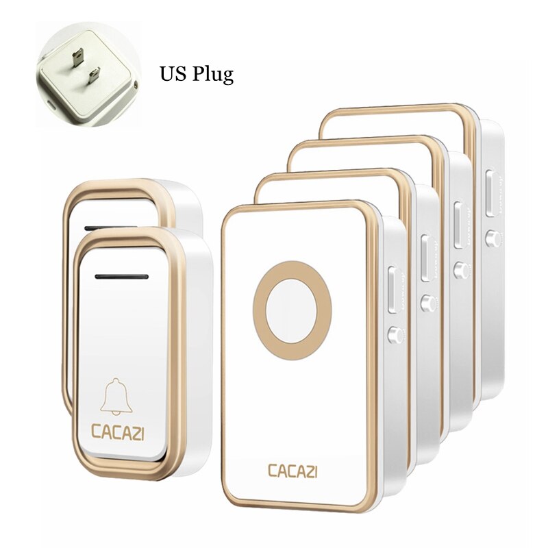 CACAZI Wireless Doorbell Waterproof 300M Remote 2 Battery Button 4 Receiver led light US EU Plug Home Cordless door bell chime: gold 2x4 US