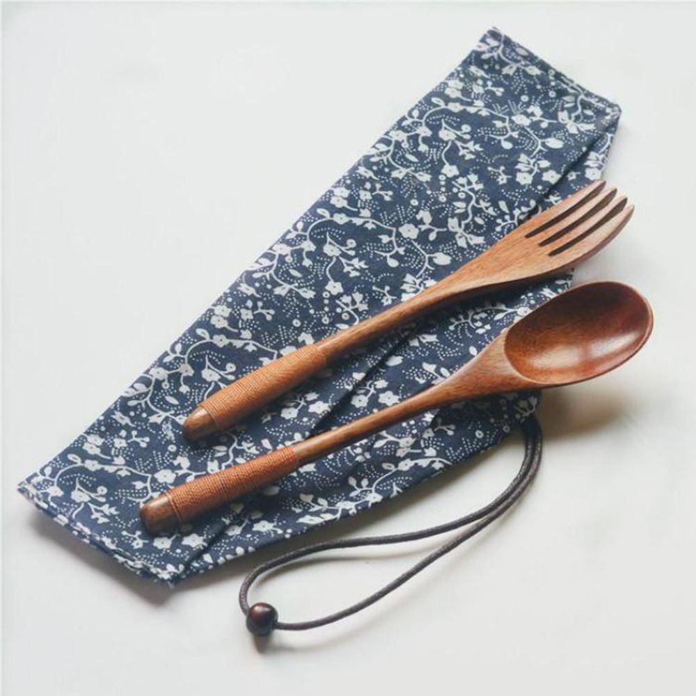 3 pièces/ensemble simplicité japonais fait à la main en bois naturel cuillère + fourchette + sac en tissu meilleur dîner Table décoration