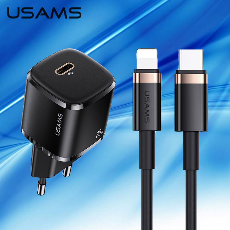 Usams 20W Mini Pd Snel Opladen Telefoon Oplader Met 100W Kabel Set Voor Iphone 12 Mini Pro Max ipad Pro Apple Draagbare Oplader: Black EU Kit