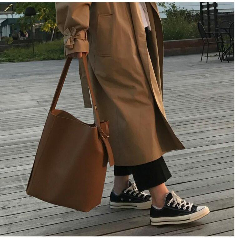 Bucket bag, eenvoudig, groot, pu-leer, een schoudertas voor dames, dames, samengestelde tas, casual bruin/zwart q-djuy 1