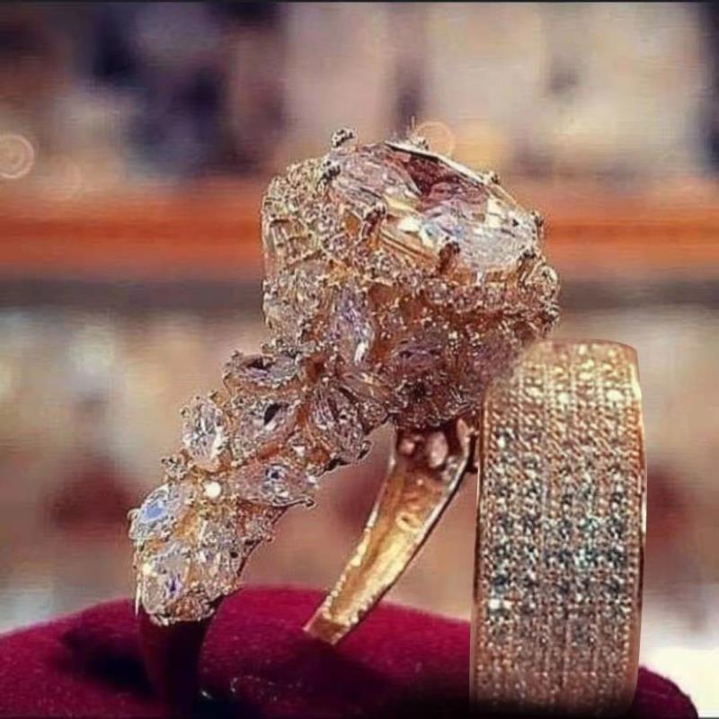 Conjunto de anillos de princesa de lujo para mujer, anillos elegantes de boda con circonita cúbica, accesorios de joyería de boda para pareja: 6 / Blanco