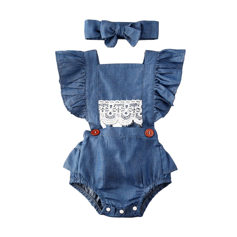 Bebis sommarkläder spädbarn nyfödd bebis flickor denim spetsbody volangad ärmlös soldräkt solid princess jumpsuit