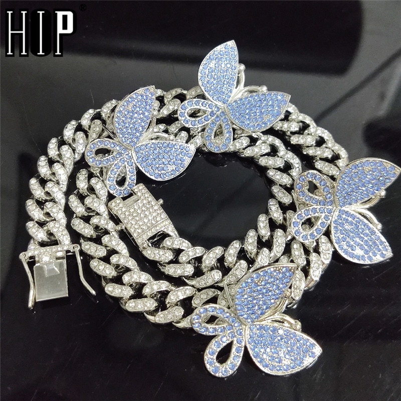 Hip Hop Iced Out Paved Rhinestones 12MM Full Miami Curb Cuban Chain With Butterfly Necklaces For Men Jewelry