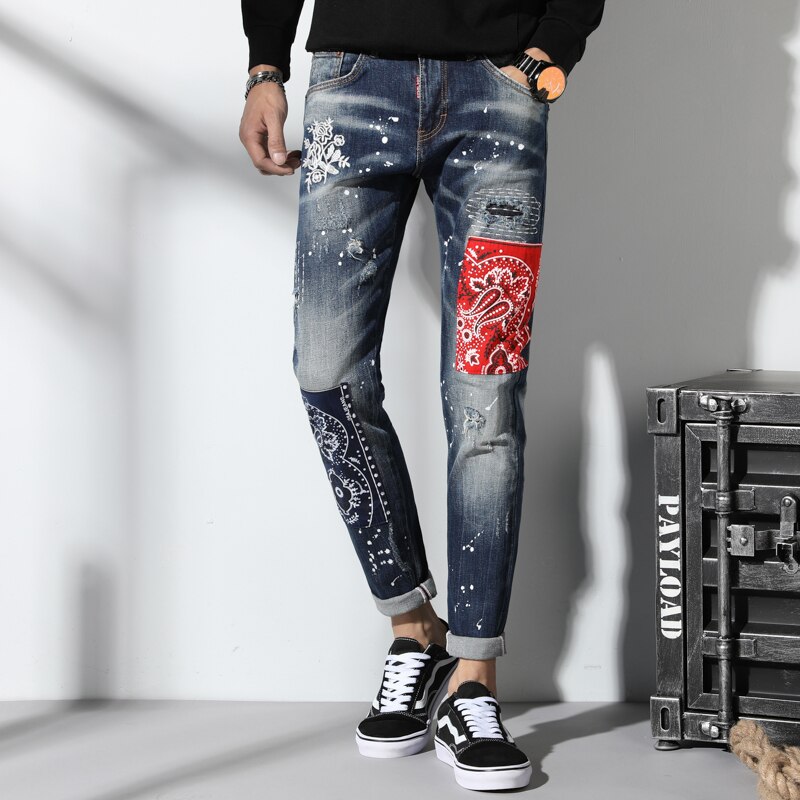 Menn jeans slank passe lappeteppe denim rippet glidelås syklist mager hull broderi lapp stilig
