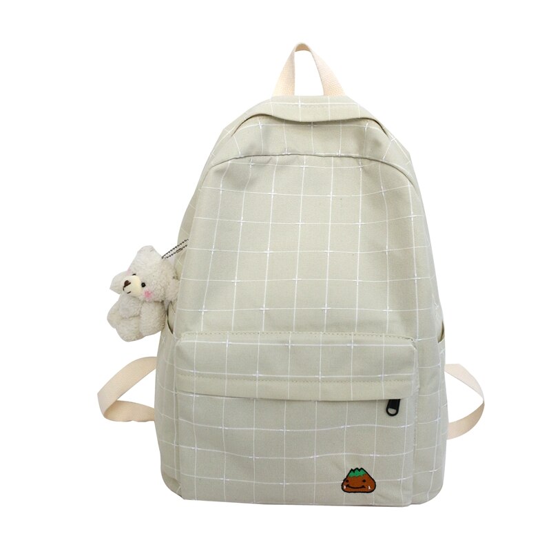 Dcimor Plaid Canvas Vrouwen Rugzak Vrouwelijke Prachtige Borduurwerk Schooltas Voor Tiener Meisjes Mochila Grote Capaciteit Reistas: beige / With bear pendant