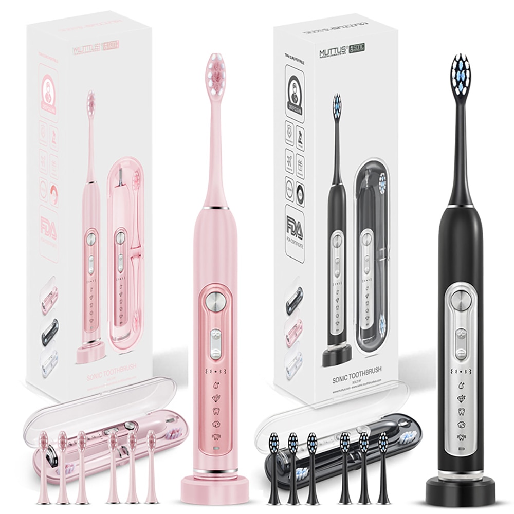 Brosse à dents électrique Sonic pour femme, MUTTUS MTS3800 étui de voyage activer, 6 têtes de brosse, 5 Modes 15 expérience de brossage