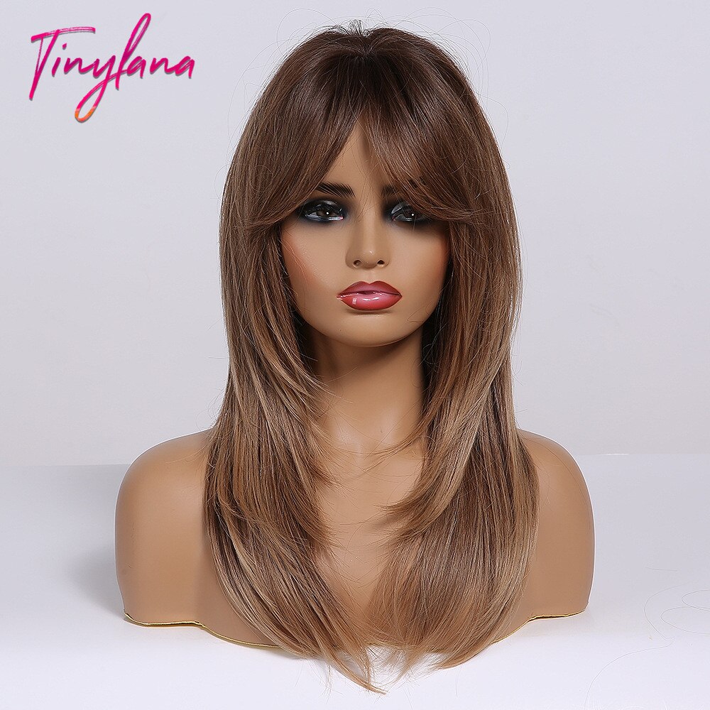 TINY LANA-Peluca de cabello sintético para mujer, cabellera artificial liso de longitud media, color negro y marrón, capas resistentes al calor con flequillo, Natural