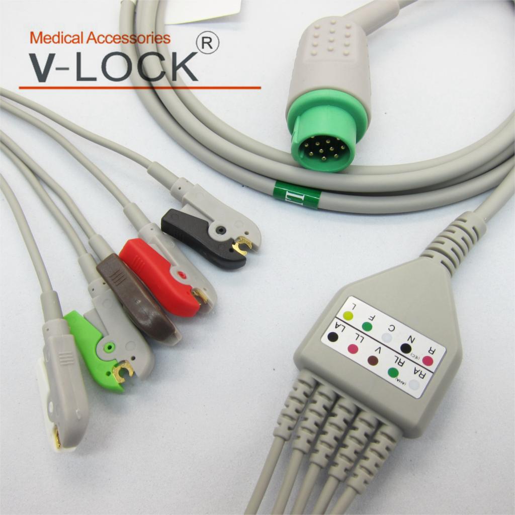 One-piece ECG cable and leadwires 3leads 5 leads snap clip grabber for schiller argus LCM plus patient monitor