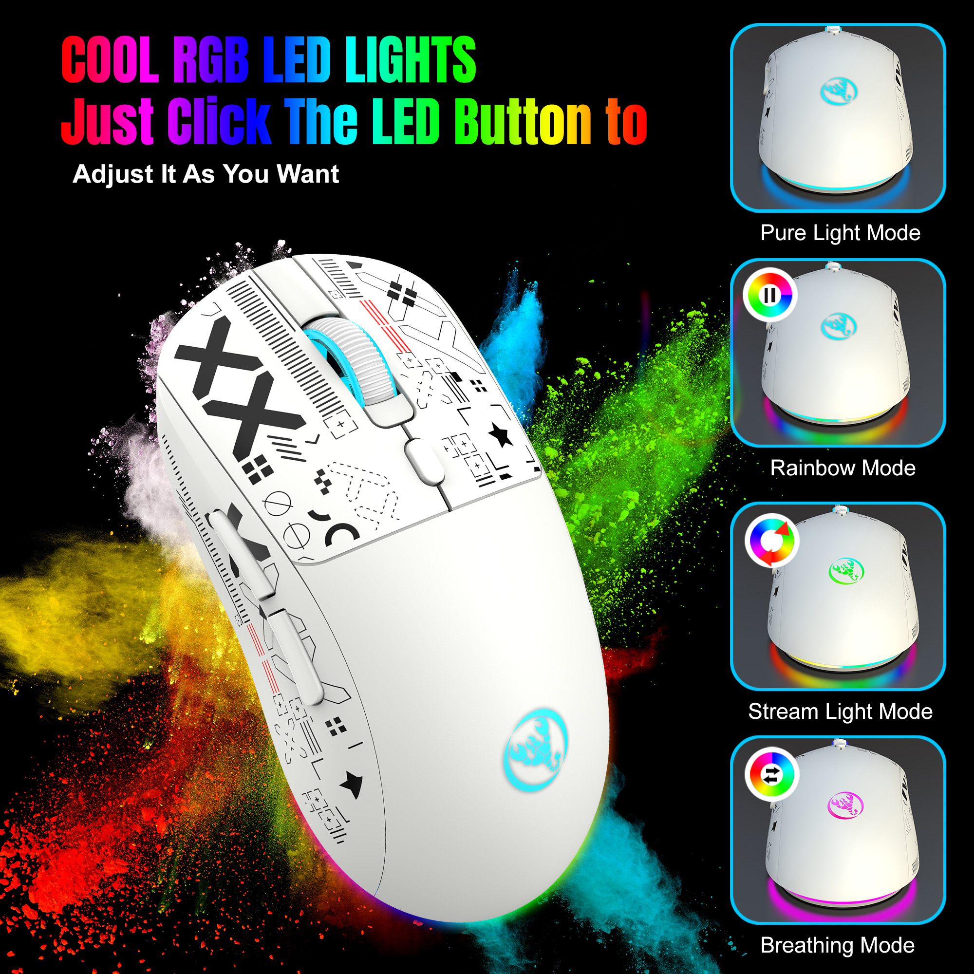 Popularna bezprzewodowa mysz do gier HXSJ T90 2.4G z 3 trybami i ciche przyciskami, ergonomiczna, kolorowa, podświetlana RGB, 650 mAh