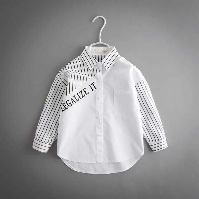 Chemise à manches longues pour garçon et adolescent, vêtement blanc à rayures fraîches, avec lettres imprimées, automne printemps
