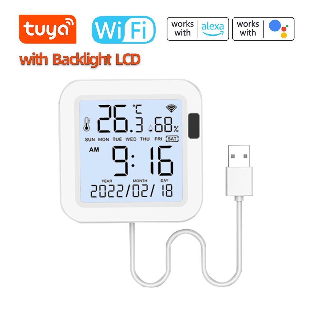 Sensor inteligente de temperatura y humedad, dispositivo con Wifi, retroiluminación, pantalla LCD para invernadero doméstico, compatible con Alexa y asistente de Google, Tuya