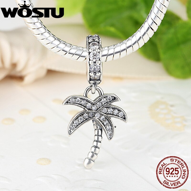 WOSTU Echt 925 Sterling Silber Funkelnden Palme Baum Charme Mit Klaren CZ passen Original Armbinde Anhänger Authentische Schmuck