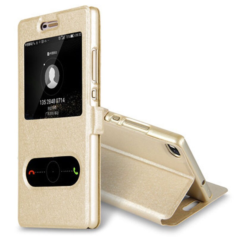 Für Funda Huawe P8 lite Fall Antwort Fenster-ansicht Stehen Flip-Cover Für Huawei P8 lite ALE-l21 Leder Fällen batterie Gehäuse: gold