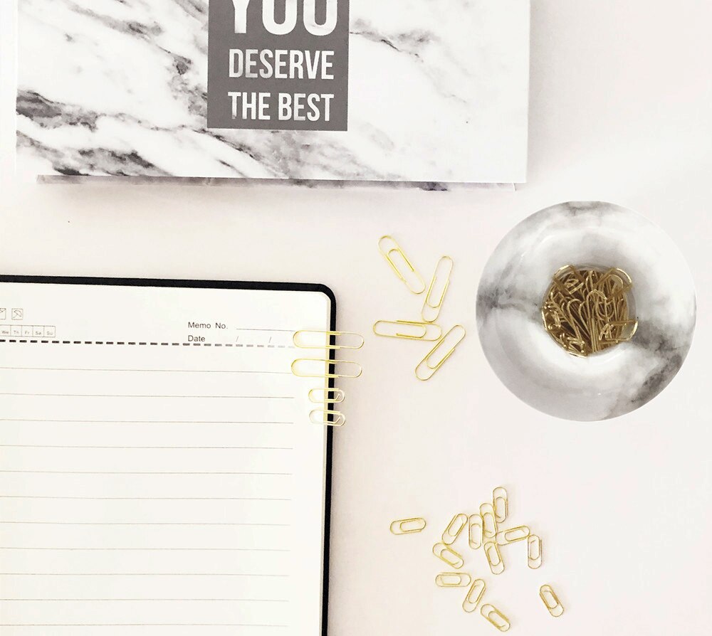 100 Gold Standard Paper Clips in Marble Tone Magnetic Paperclips Holders and 50 Golden Mini Paper Clip Set for Desk Organization