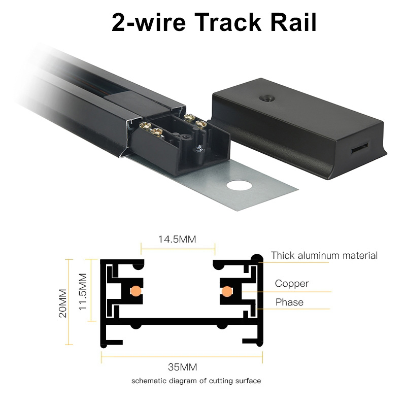 Zwart-wit LED-spoorverlichting Rail 0,5M 2-draads geëlektrificeerd aluminium Tweefasige elektrische universele spoorklem Spotlight Lightin