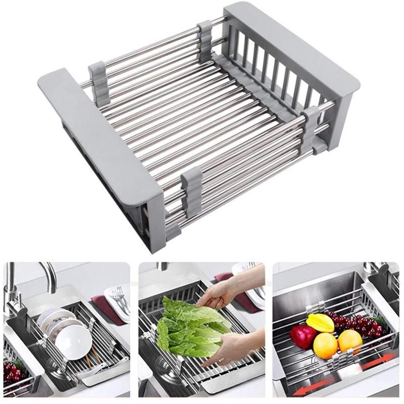 Stainless Steel Adjustable Telescopic Kitchen Sink Dish Drying Rack Insert Storage Organizer Fruit Vegetable Tray Drainer Holder