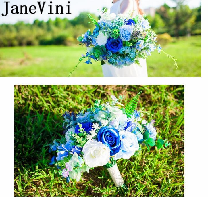 JaneVini Royal Blue Bride Bouquet Artificial Rose Wedding Flowers Bridal Bouquets Bridesmaid Photography Brooch Flores Boda