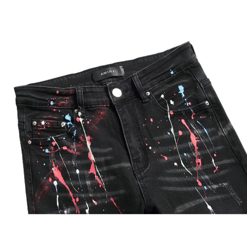 Pantalones vaqueros rasgados para hombre, Jeans elásticos negros pintados con espray, informales de calle alta, ropa de Hip-hop, primavera y otoño de 2022