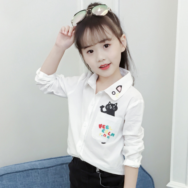 Schule Bluse Für Mädchen Herbst Weiß Kinder Blusen Mädchen Tops Cartoon Katze Lange Hülse Drehen-unten Kragen Kinder bluse 4-13Y
