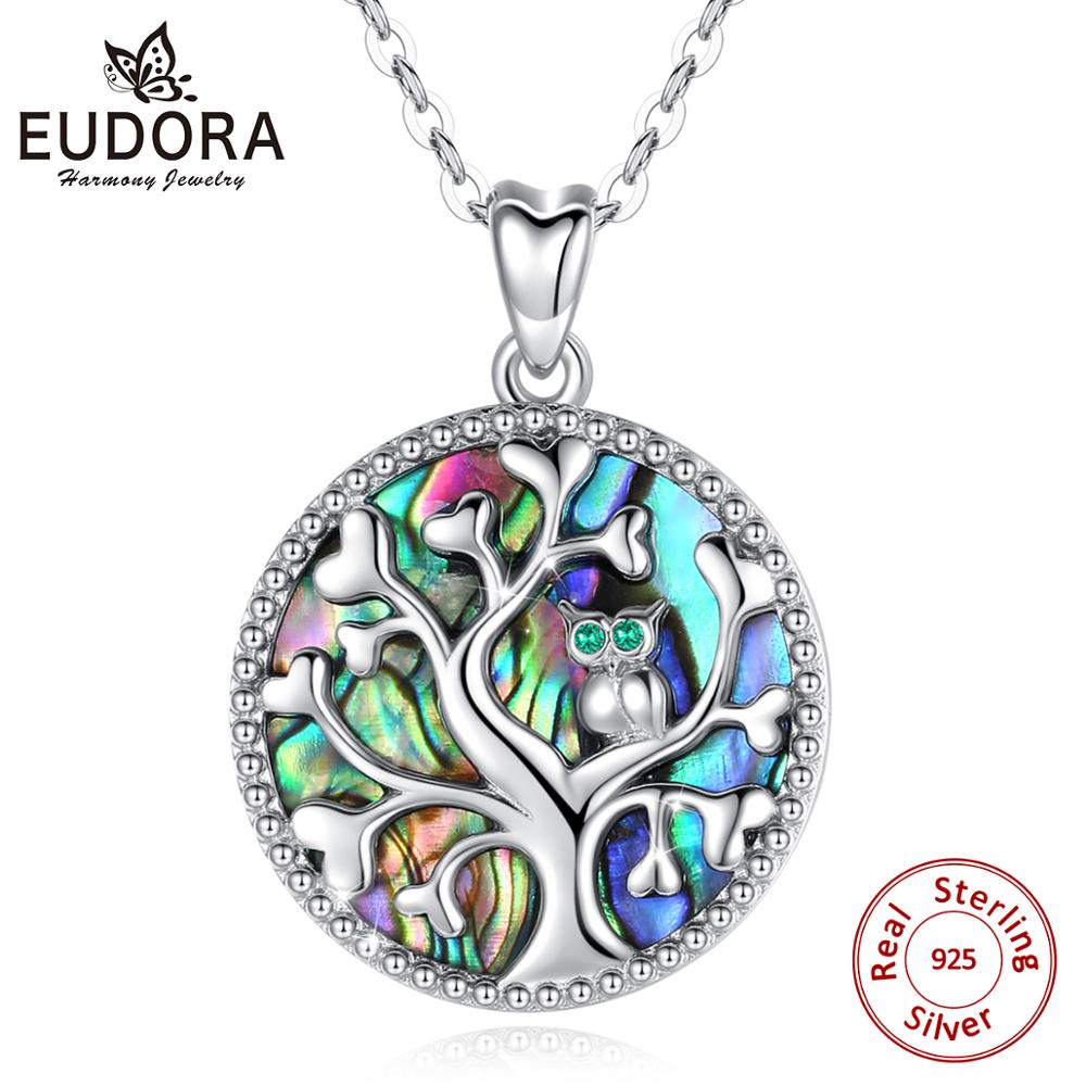 Eudora 925 Sterling Silver Tree of life Pendant Necklace Mother of Pearl wise owl Pendants fine Jewelry for women party D6