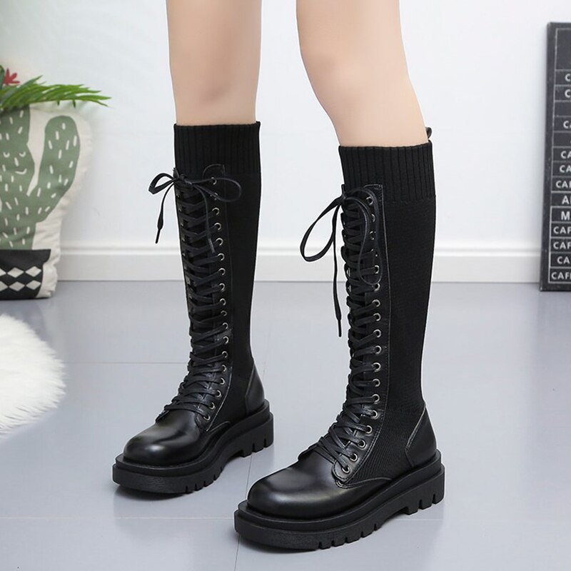 Herfst dames zwarte platform lange laarzen kruisgeknoopt patchwork schoenen elastische gebreide kniehoge laarzen dames