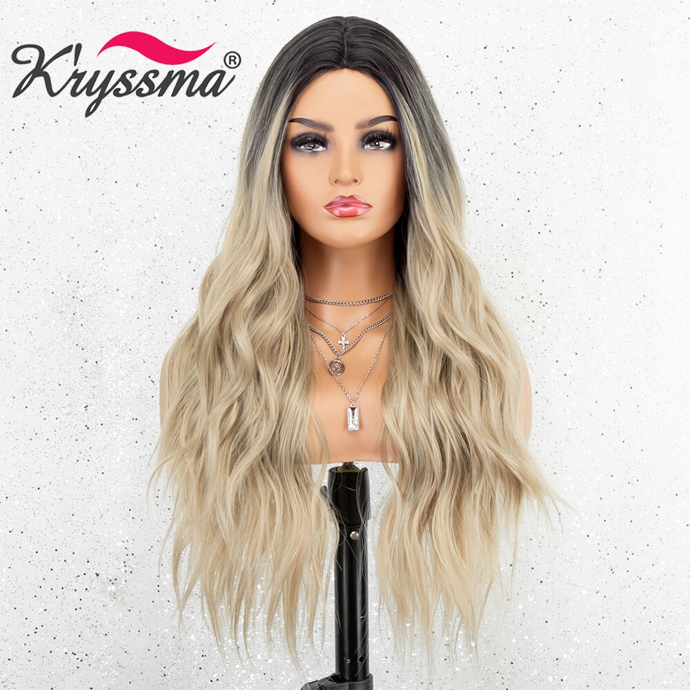 Kryssma Ombre Blonde Wigs Long Wavy Synthetic Wigs For Women Cosplay Wigs Blonde Wig Mixed Black Heat Resistant Fiber Hair: CYM107 / 22 inches