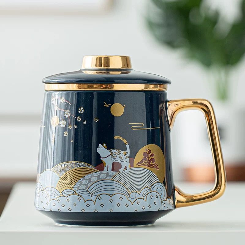 Kaffekrus keramisk te kop te adskillelse stor kapacitet filter med dæksel guofeng krus hjem par personlig kontor kop boks
